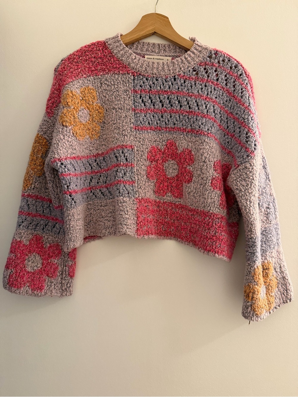 moon & madison Pink and Mustard Floral Patchwork Cropped Sweater Size Small